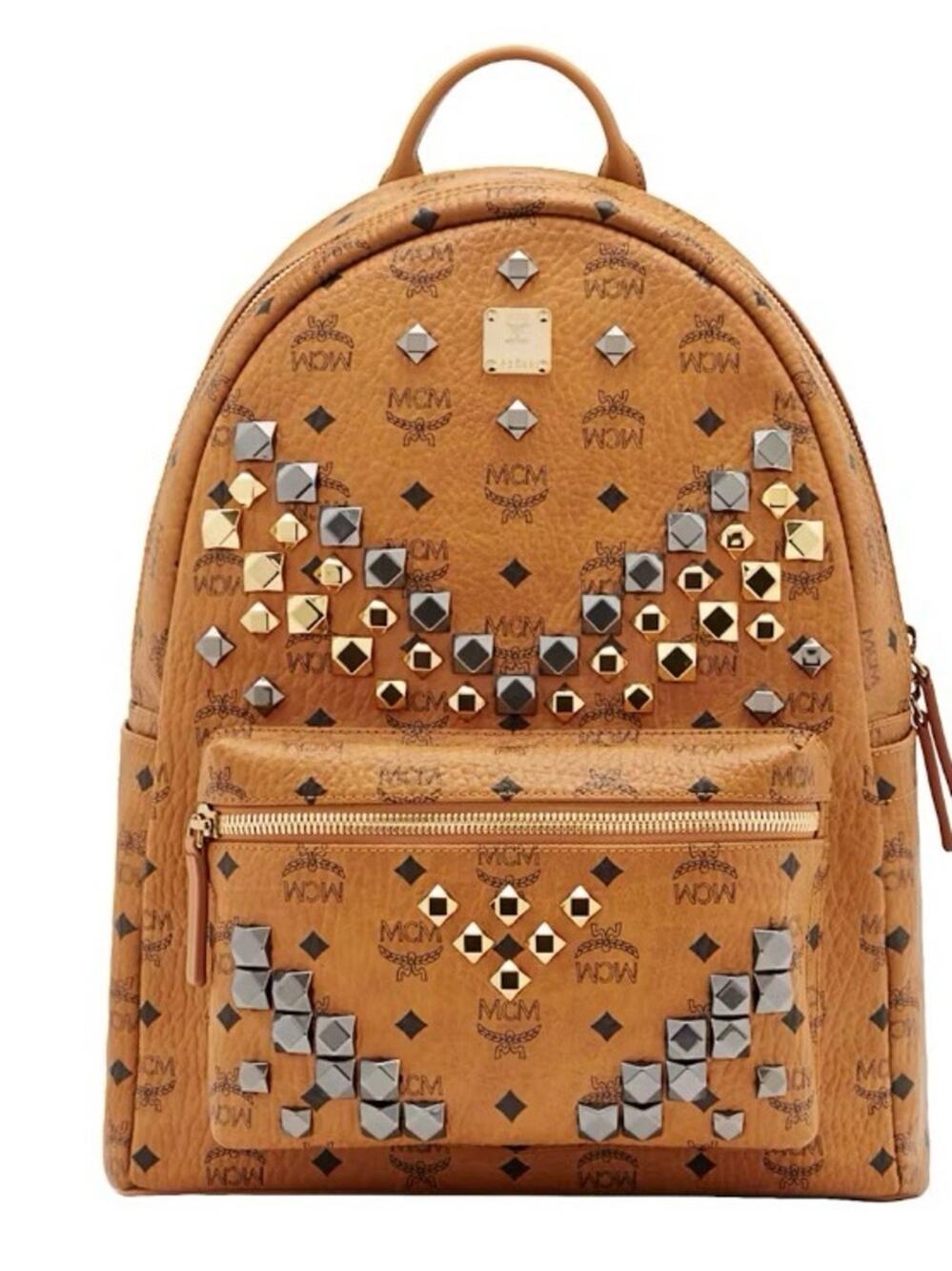 MCM Cognac Visetos Studded Mini Backpack with Gold & Gunmetal Accents
